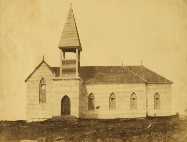 Exterior view of church, in the community around Fort Victoria on Vancouver..., between 1858 and 61. Creator: Unknown.