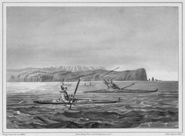 Inhabitants of Ounalacheka with their canoes (Aleutian Islands), 19th century. Creators: Friedrich Heinrich Kittlitz, Victor Adam, Godefroy Engelmann, Leon Jean-Baptiste Sabatier.