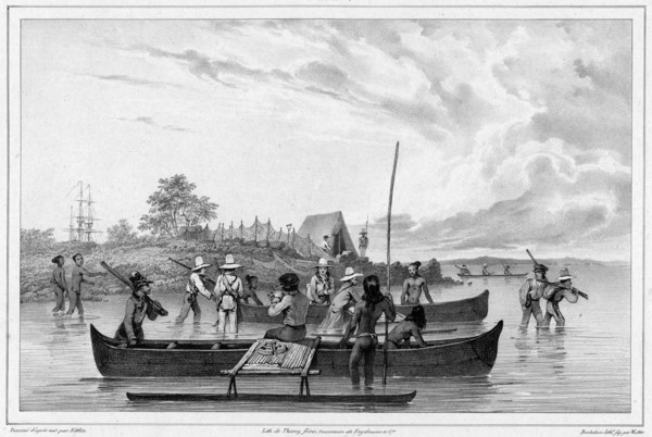 Departure for an excursion to the island of Ualan (the Carolinas), 19th century. Creators: Friedrich Heinrich Kittlitz, Godefroy Engelmann, Emile-Charles Wattier.