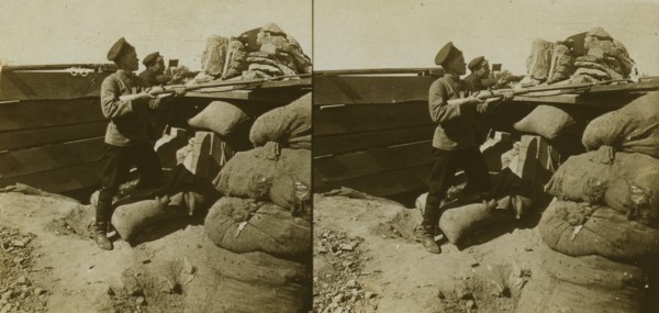 Inside a Russian fort during the siege - shell marks around a dummy gun - Port Arthur, c1905. Creator: Underwood & Underwood.
