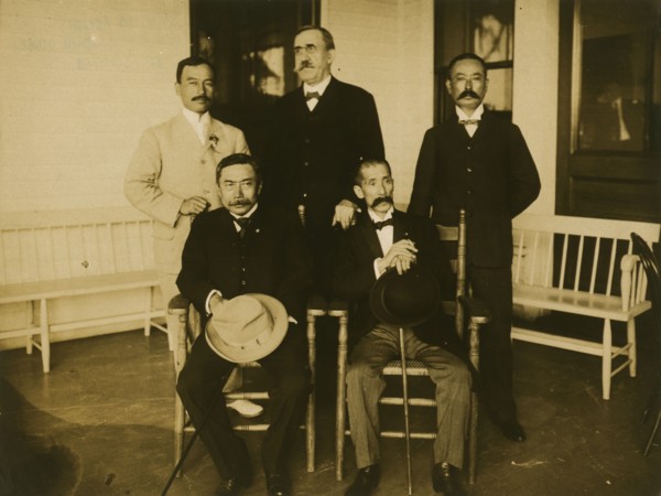 Japanese envoys Kogoro Takhira (seated, left), Jutaro¯ Komura (seated, right) with two staff...,1905 Creator: Unknown.