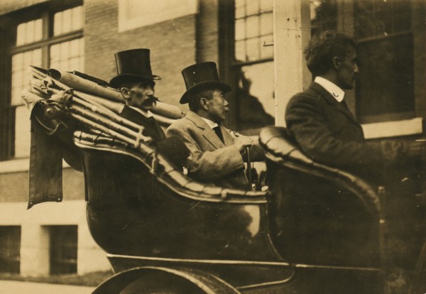 Komura and Takahira arriving at peace conference building, 1905. Creator: Unknown.
