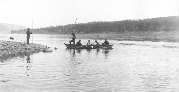 The moment of taking measurements of the river depth from a boat, 1909. Creator: Vladimir Ivanovich Fedorov.