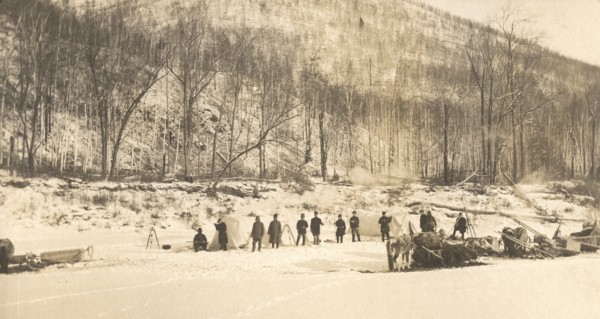 View of the caravan (camp) of the exploration party on the ice of the Zeya River, 1909. Creator: Vladimir Ivanovich Fedorov.