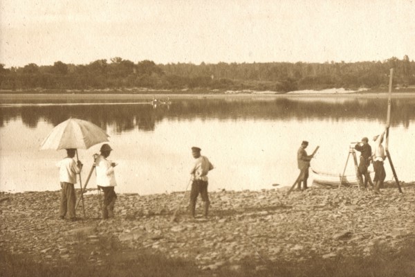Carrying out leveling on the banks of the Zeya River, 1909. Creator: Vladimir Ivanovich Fedorov.
