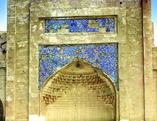 Drawings on tiles above gates into the tsar's tomb, Bogoeddin, Bukhara, between 1905 and 1915. Creator: Sergey Mikhaylovich Prokudin-Gorsky.