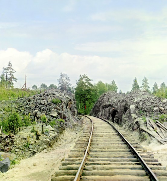 Man standing beside railroad tracks, between 1905 and 1915. Creator: Sergey Mikhaylovich Prokudin-Gorsky.