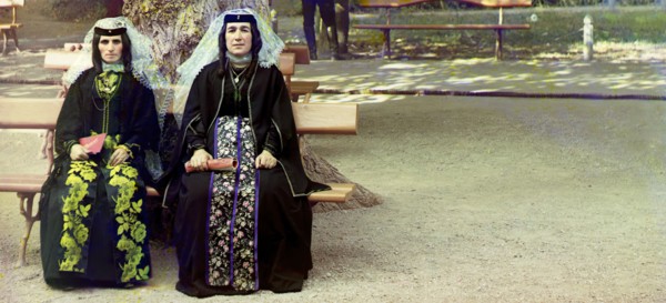 Georgian women in holiday attire in the park of Borzhom, between 1905 and 1915. Creator: Sergey Mikhaylovich Prokudin-Gorsky.