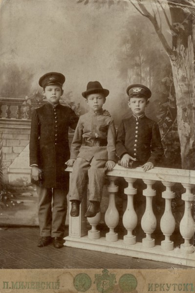 Portrait of three high school students, 1900. Creator: PA Milevskii.