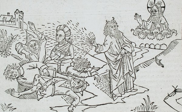 God Sends the Flies to Egypt (recto); God Sends Boils to Egypt (verso), published 1483. Creator: Unknown.