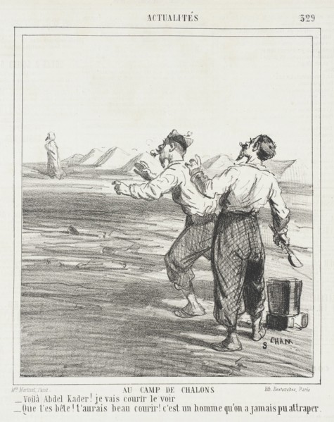 French: Au camp de Chalons -Voila Abdel Kader! Je vais courir le voir -Que t'es bête!..., 1865. Creator: Cham.