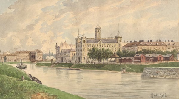 The Weissgärber Lände in Vienna with the Danube steamship building, 1895. Creator: Vincenz Havlicek.
