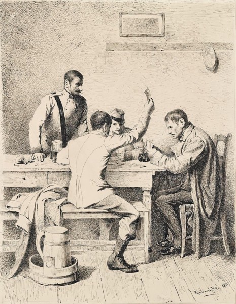 Soldiers playing cards, 1880. Creator: Friedrich Friedlaender.
