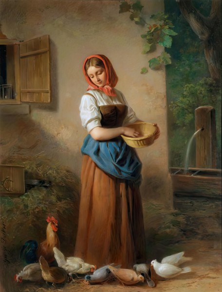 A girl feeding chickens and pigeons, around 1850/1855. Creator: Georg Decker.