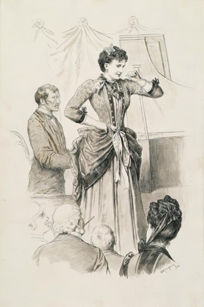 Viennese types: singer Fräulein Hornischer and her pianist in front of an audience, 1886. Creator: Karl Karger.