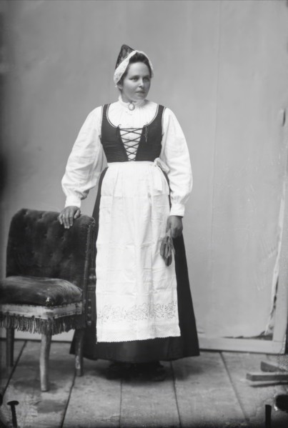 Elise Larsson f Johansson from Rörbäcknäs, Lima parish, Dalarna dressed in..., 1890-1910. Creator: Lars Olsson Akerman.