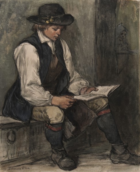 Boy sits and reads in a book, 1860-1890. Creator: Carl Gustaf Hellqvist.
