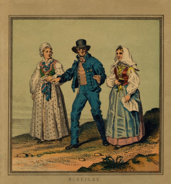 A panel, image of a man who is out for a walk with a woman on each side. (c1900s). Creator: Unknown.