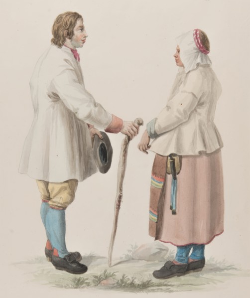 Woman and man with cane, 1800-1822. Costume of Sweden Pl. 19 & 20, 1800-1822. Creator: Carl Wilhelm Swedman.
