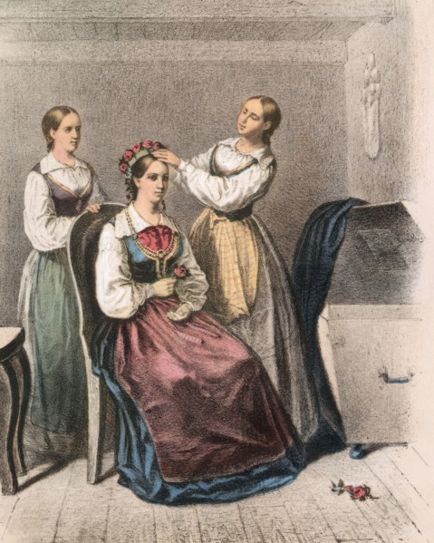 Two women dress a bride, Blekinge.  Creator: Unknown.