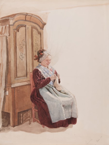 Apparel - Handicraft woman in full figure sitting in front of a cupboard. (c1900s). Creator: AJG Virgin.