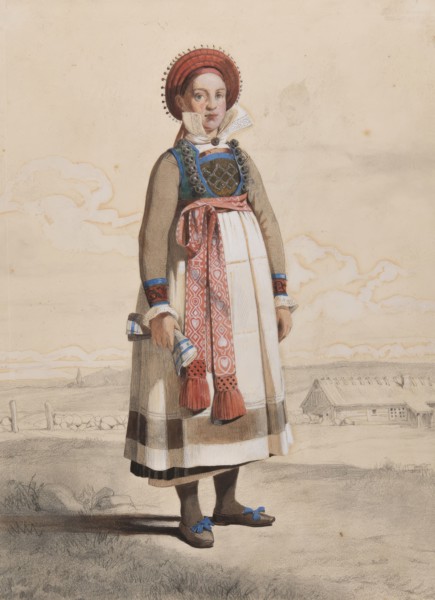 Standing woman in full figure with white apron and woven ribbons, 1810-1857.  Creator: Otto Wallgren.