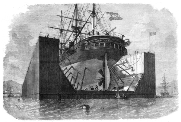 Floating pontoons or dock prepared by Messrs. Rennie and Son for the government of Spain, 1862. Creator: Unknown.