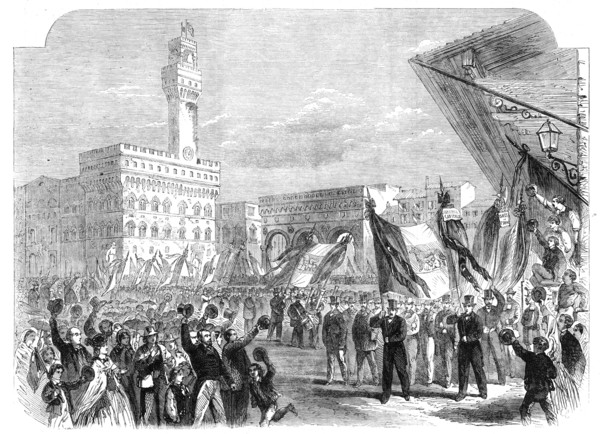 Trades demonstration at Florence against the temporal power of the Pope, 1862. Creator: Unknown.