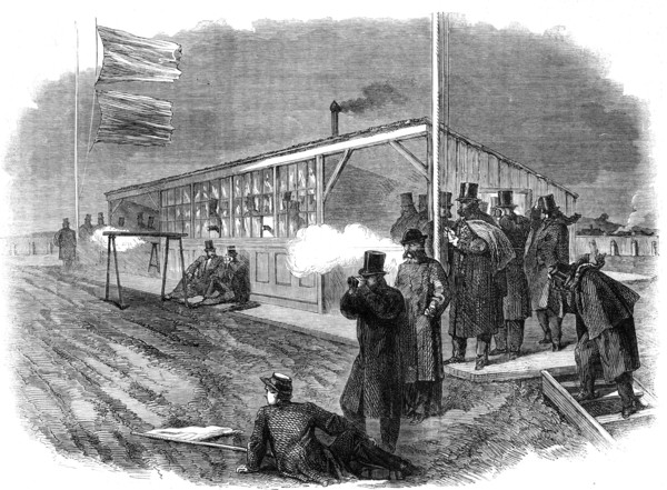 Official trial of small-bore rifles on Plumstead Marshes: firing from the rests, 1862. Creator: Unknown.