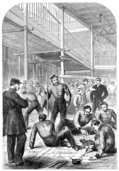 Progress of the International Exhibition Building: marking out space for stalls, 1862. Creator: Unknown.