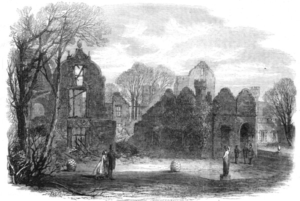 The late fire at Campden House: view of the garden front, showing the remains of the theatre, 1862. Creator: Horace Harral.