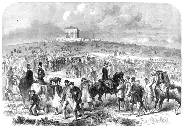The Volunteer Field-Day at Brighton: arrival of volunteers on the racecourse, 1862. Creator: Unknown.