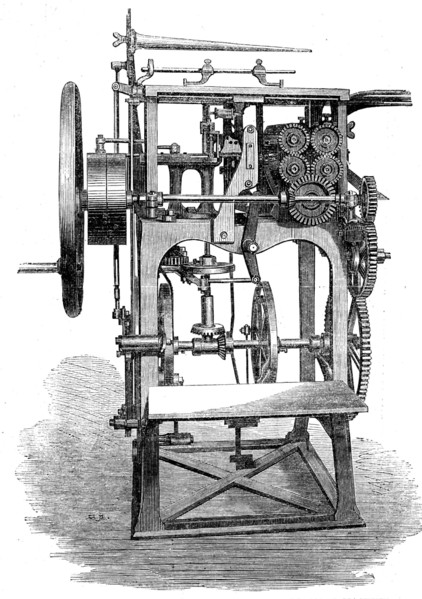 The International Exhibition: Gruner's patent folding, stitching and pressing machine, 1862. Creator: Unknown.