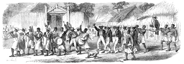 Procession of the British Envoys to Madagascar from the seashore to the Fort of Tamatave..., 1862. Creator: Unknown.
