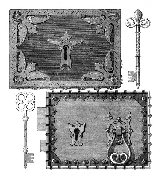 The International Exhibition: Hobbs and Ashley's gothic locks and keys, 1862. Creator: Unknown.