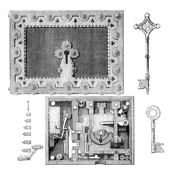 The International Exhibition: Hobbs's bank lock and key, 1862. Creator: Unknown.