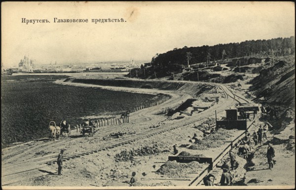 View of the city of Irkutsk from the Irkutsk Bridge. Glazkovskoe suburb, 1900-1904. Creator: Unknown.