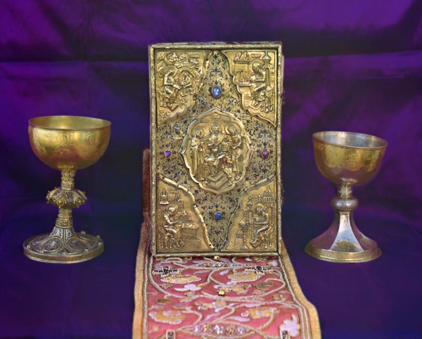 Tsar Aleksei Mikhailovich's gospel and Tsar Mikhail Feodorovich's sacramental vessels..., 1911. Creator: Sergey Mikhaylovich Prokudin-Gorsky.