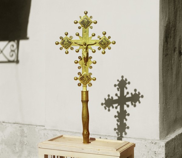 Altar cross with a rock crystal decoration; a gift from Emperor Alexander II. Borodino, 1911. Creator: Sergey Mikhaylovich Prokudin-Gorsky.