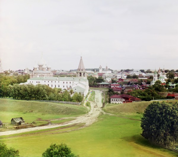 General view of Suzdal with a cathedral from the bell tower of the Dimitrievskaia Church, 1912. Creator: Sergey Mikhaylovich Prokudin-Gorsky.