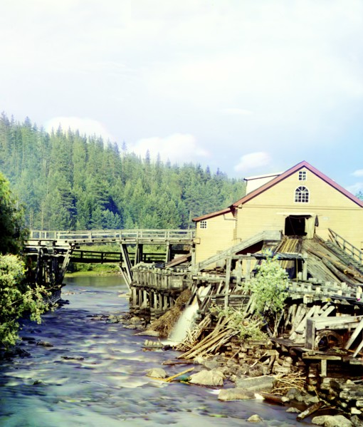 Sawmill on the Kumsa River near the Medvezhia Gora Station, 1915. Creator: Sergey Mikhaylovich Prokudin-Gorsky.