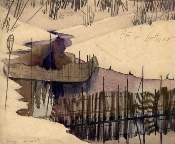 Blocked stream with weir in winter. Selkups, 1920. Creator: A. G. Vargin.