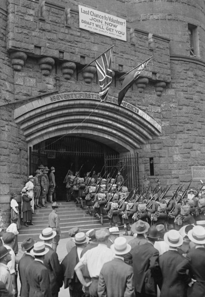 Kilties enter 71st Regt. Armory, July 1917. Creator: Bain News Service.