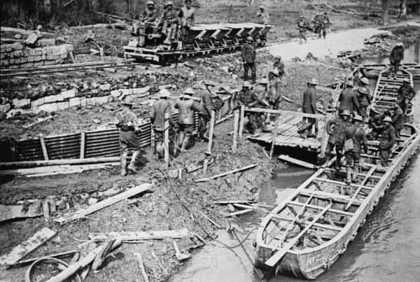 British loading pontoon boats with ammunition, 22 Apr 1917. Creator: Bain News Service.