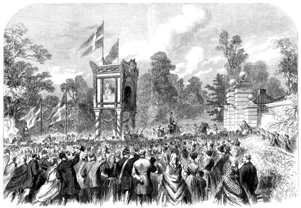 Visit of the Prince and Princess of Wales to Denmark: arrival at the Castle of Bernstorf, 1864. Creator: Mason Jackson.