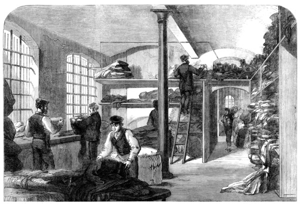The Cotton Famine: receiving clothes at Bridewell Hospital...for the distressed operatives, 1862. Creator: Unknown.