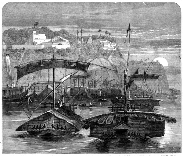 Cotton from India: a cotton fleet descending the Ganges - casting off from Mirzapore, 1862. Creator: Smyth.