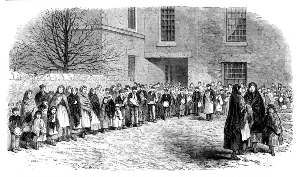 The Cotton Famine: operatives waiting for their breakfast in Mr. Chapman's courtyard..., 1862. Creator: Unknown.