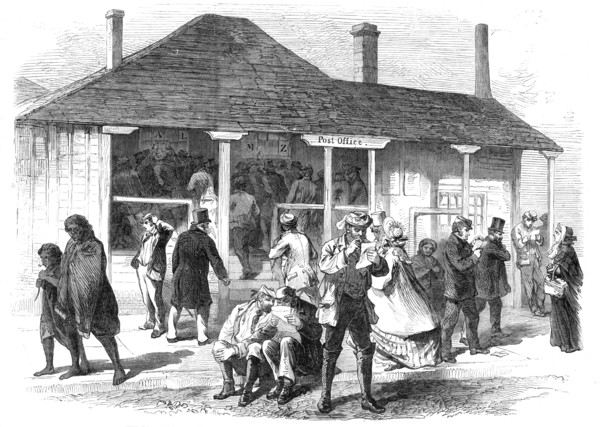 The Post Office of Auckland, New Zealand: arrival of the "Home" Mails, 1864. Creator: Unknown.
