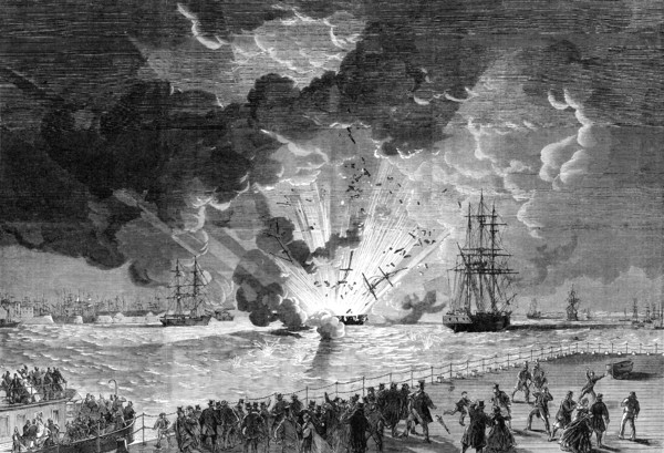 Explosion on board the barque Lottie Sleigh, laden with gunpowder, in the Mersey..., 1864. Creator: Unknown.